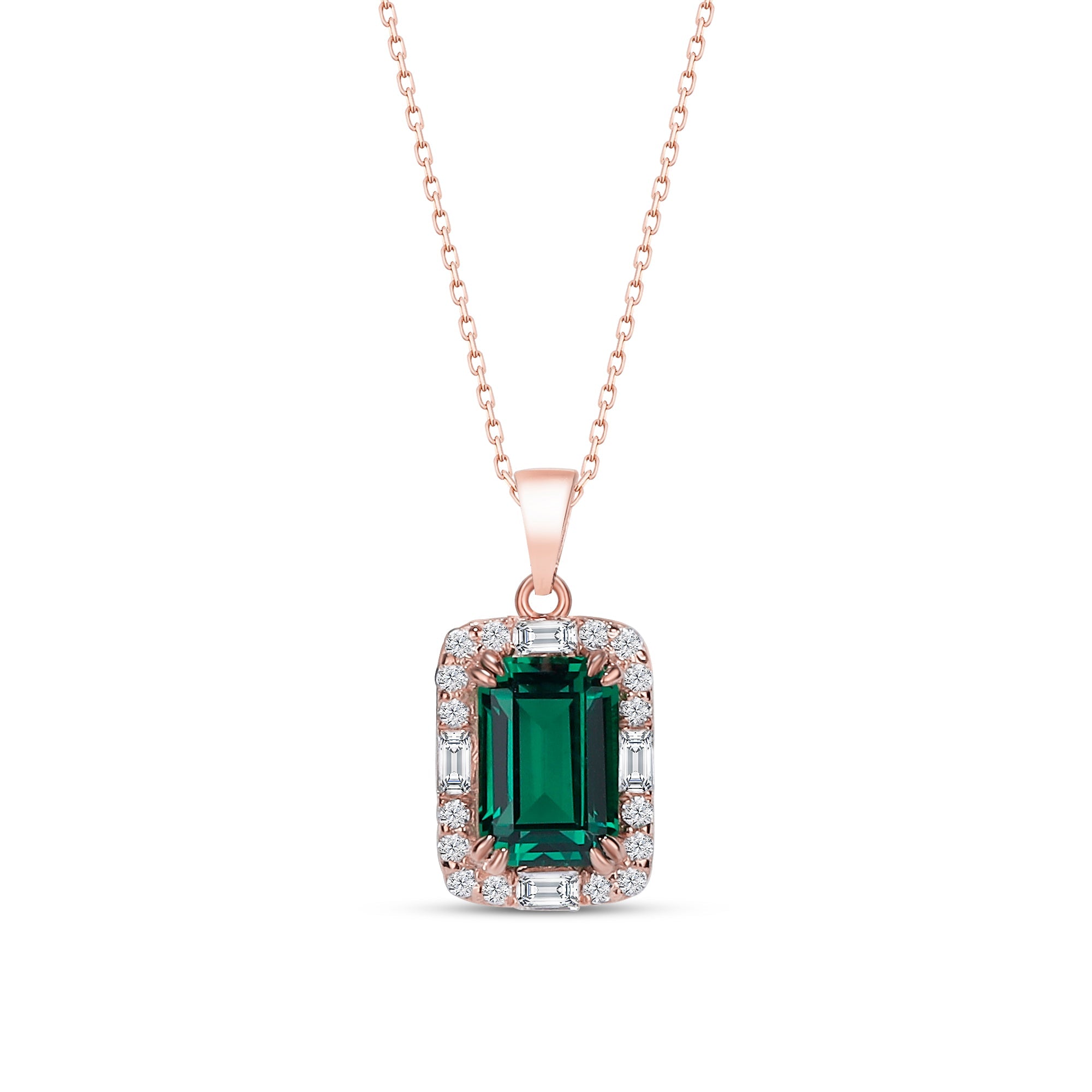Emerald Pendant Necklace with CZ Diamond Accents- May Birthstone Jewelry