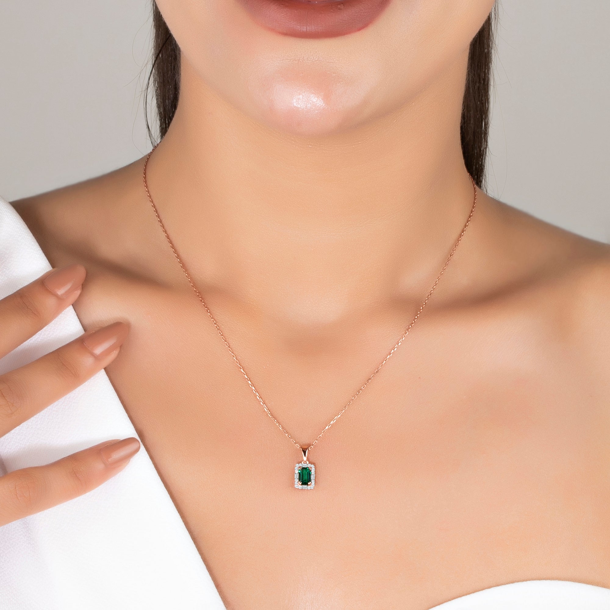 Emerald Pendant Necklace with CZ Diamond Accents- May Birthstone Jewelry